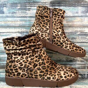 Impo Adora Ankle Boot Womens 7.5M Brown Leopard Print Slouch Zip Up Wedge Bootie
